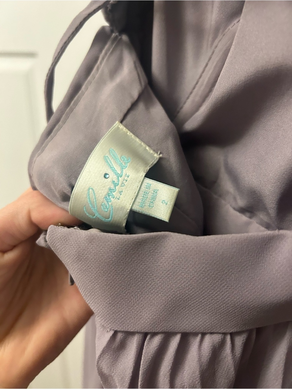 Camille La Vie Lilac Gray Spaghetti-Strap Pleated Chiffon Gown - Picture 3 of 4